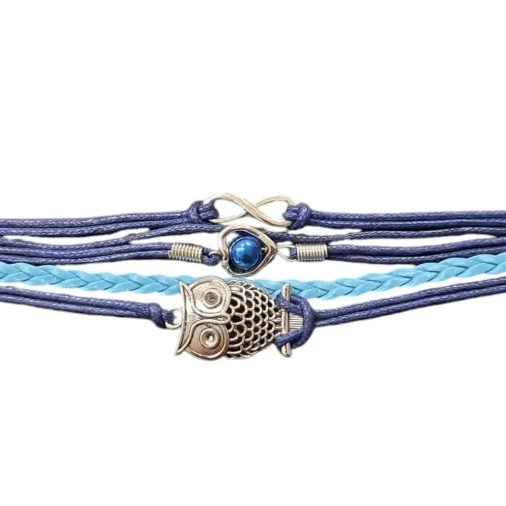 Braided Multi-layered Owl Faux Leather Bangle Bracelet